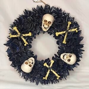 Halloween Wreath Skulls  Crossbones Gothic Black Wood Chip Door or Wall